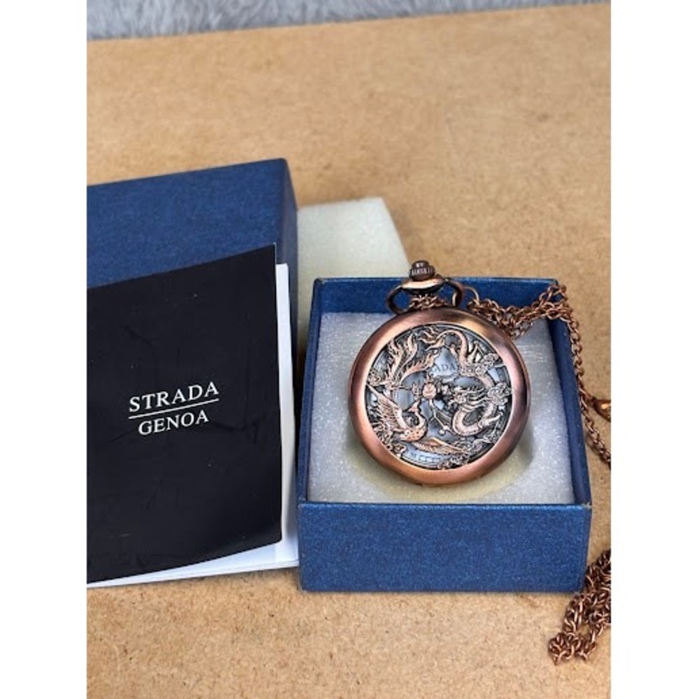 Strada Genoa Copper Dragon Phoenix Filigree Pocket Watch Necklace with Box